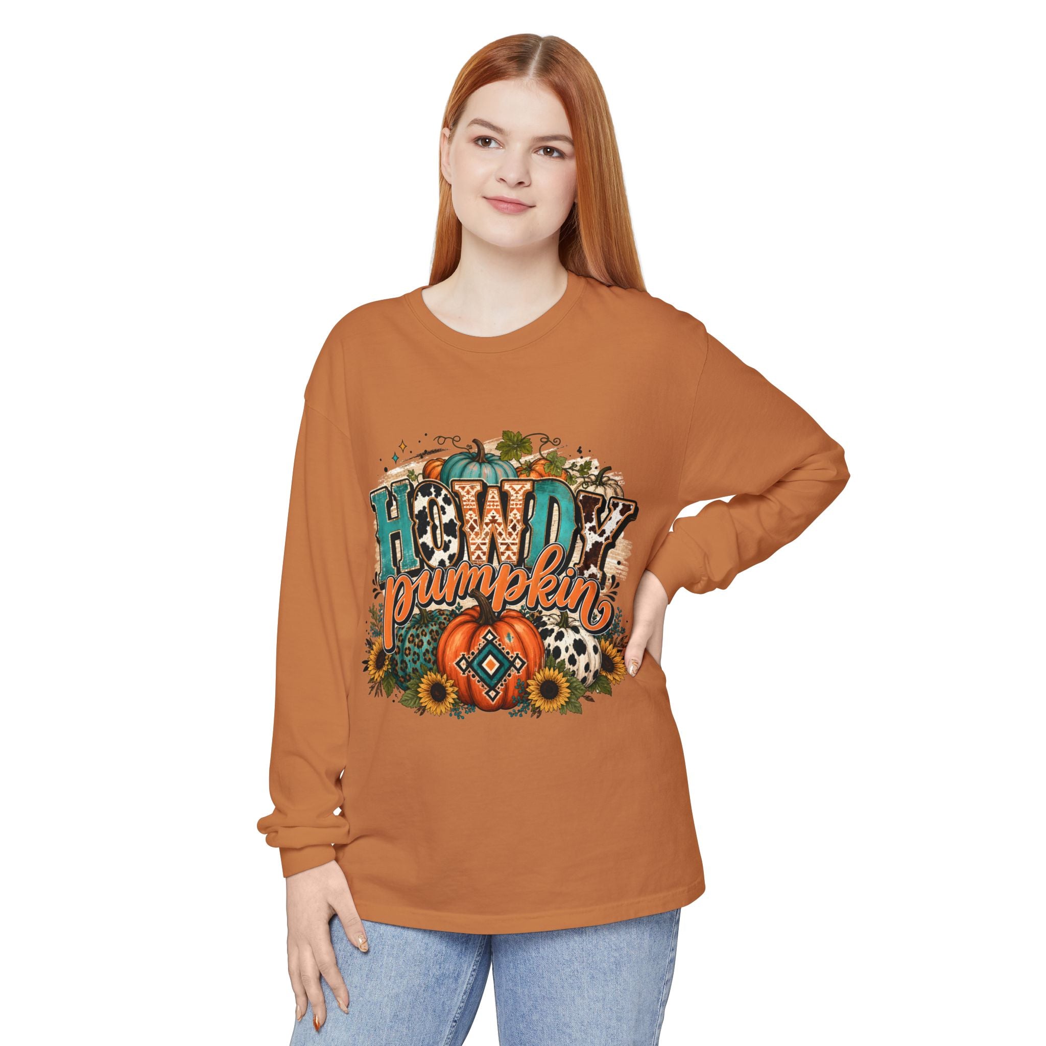 Howdy Pumpkin Long Sleeve Tee — Fall Pumpkin & Sunflower Graphic Shirt