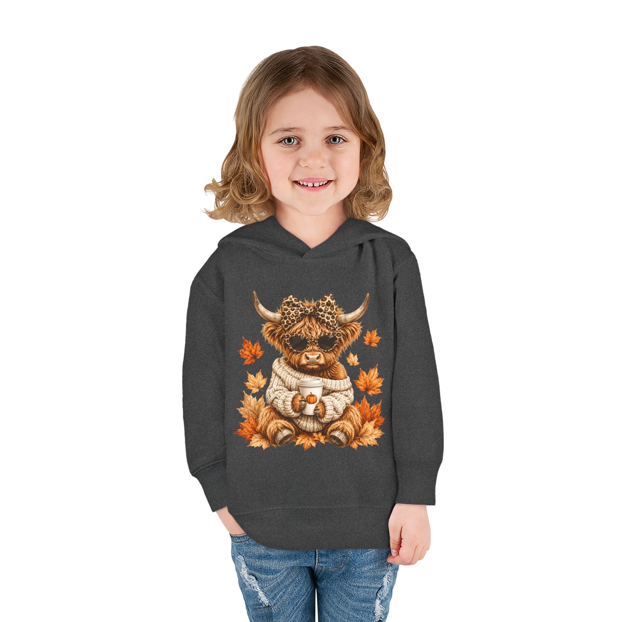 Toddler Hoodie — Autumn Highland Cow in Cozy Sweater (Fall Leaves)