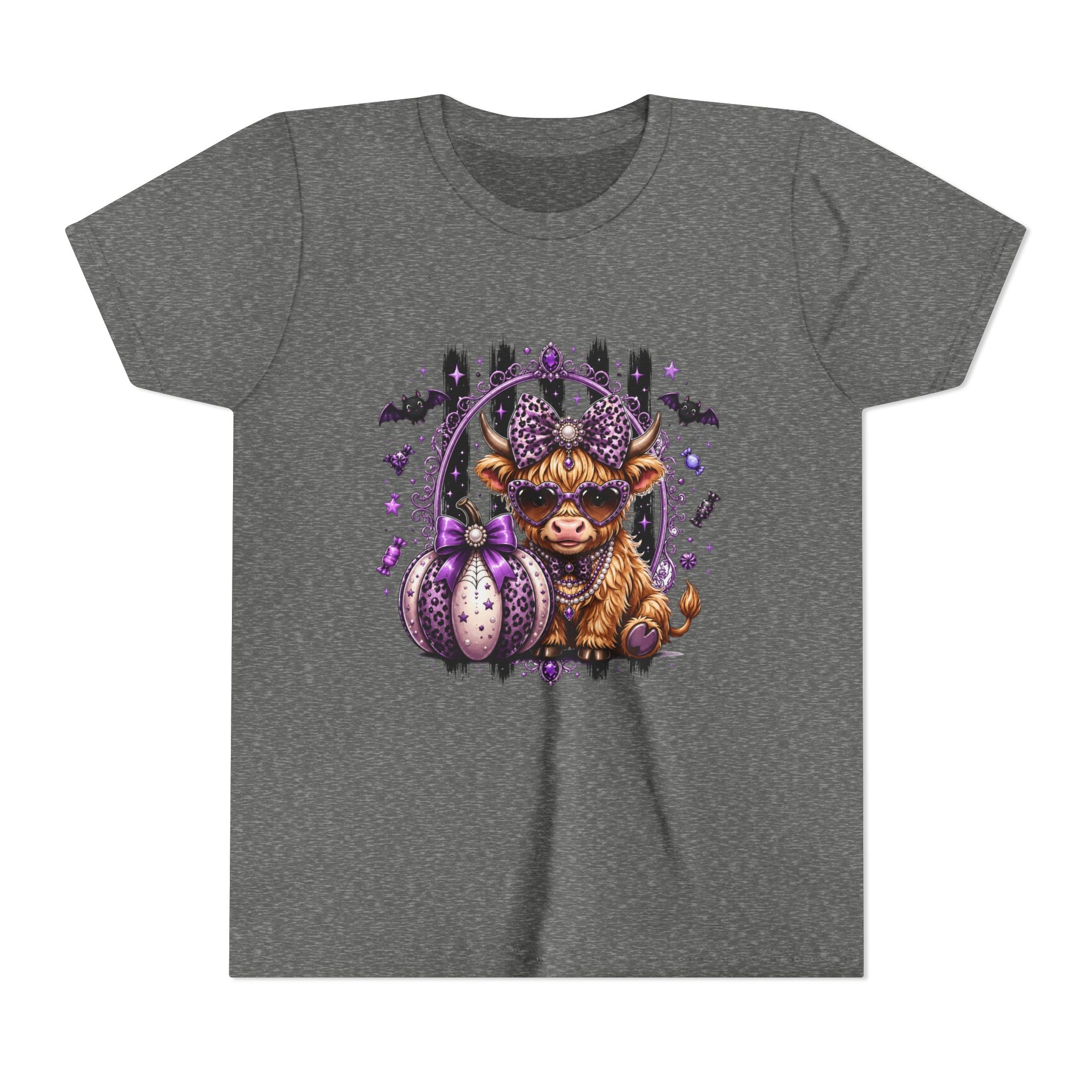 Halloween Highland Cow Youth Tee — Cute Spooky Cow with Purple Pumpkins