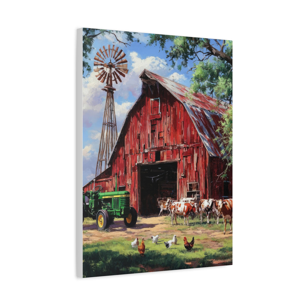 Rustic Red Barn Farm Canvas Print — Country Tractor & Animals Wall Art