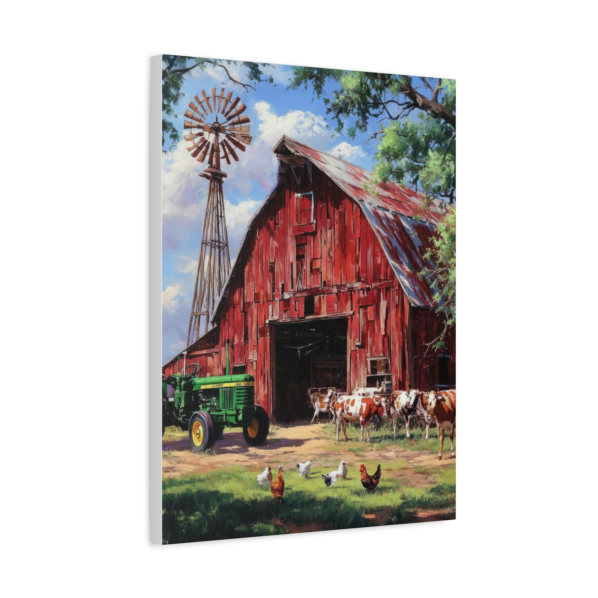 Rustic Red Barn Farm Canvas Print — Country Tractor & Animals Wall Art