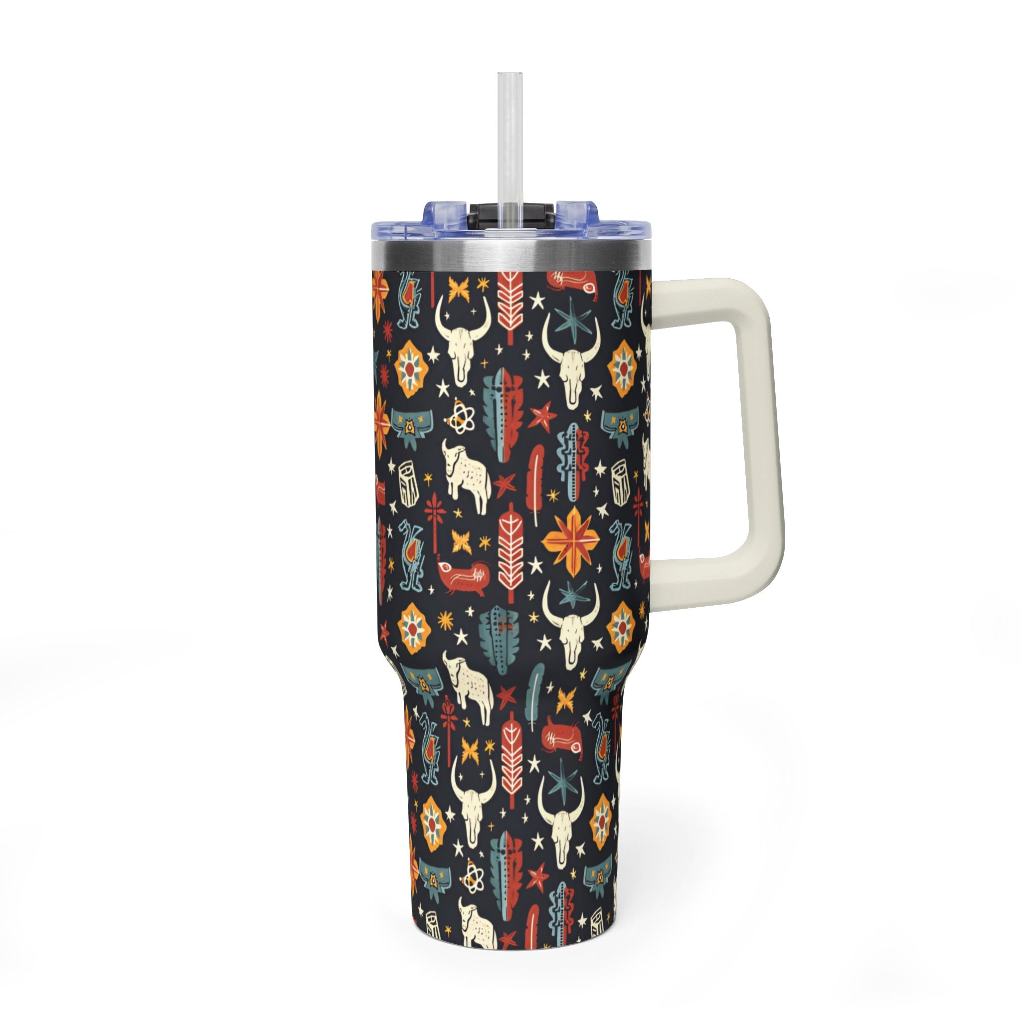 40oz Western Pattern Vacuum Tumbler — Southwestern Cow Skull & Floral Insulated Cup