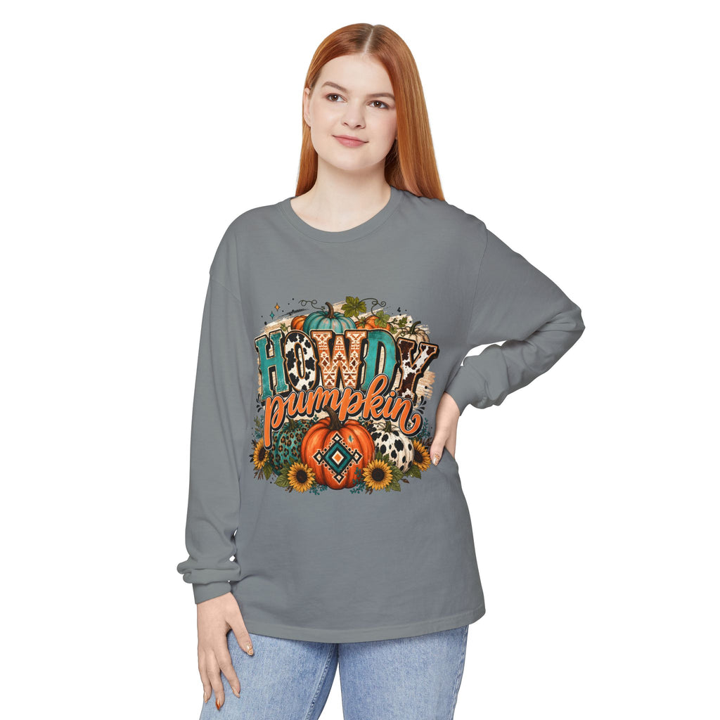 Howdy Pumpkin Long Sleeve Tee — Fall Pumpkin & Sunflower Graphic Shirt