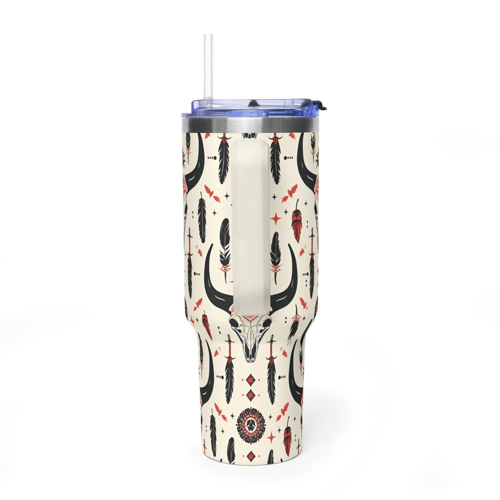 40oz Western Skull Tumbler — Boho Cow Skull & Feathers Vacuum Travel Mug