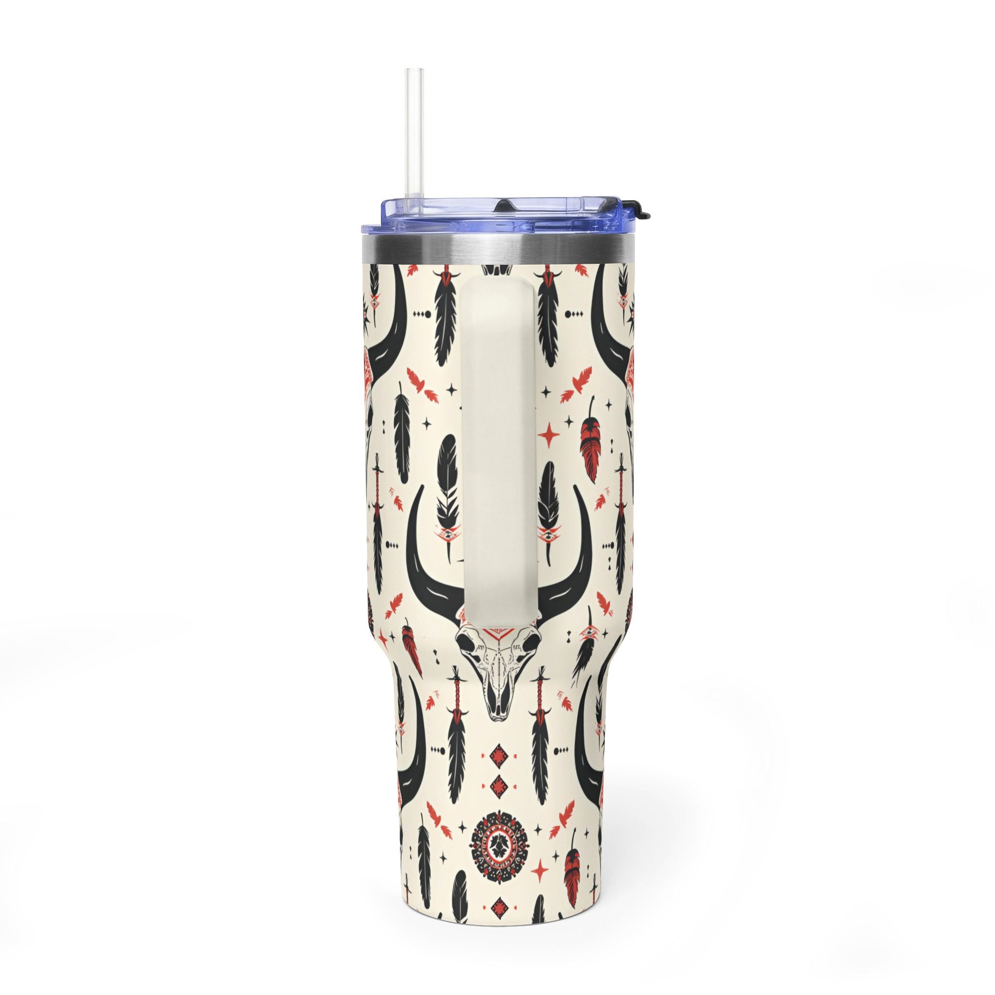 40oz Western Skull Tumbler — Boho Cow Skull & Feathers Vacuum Travel Mug