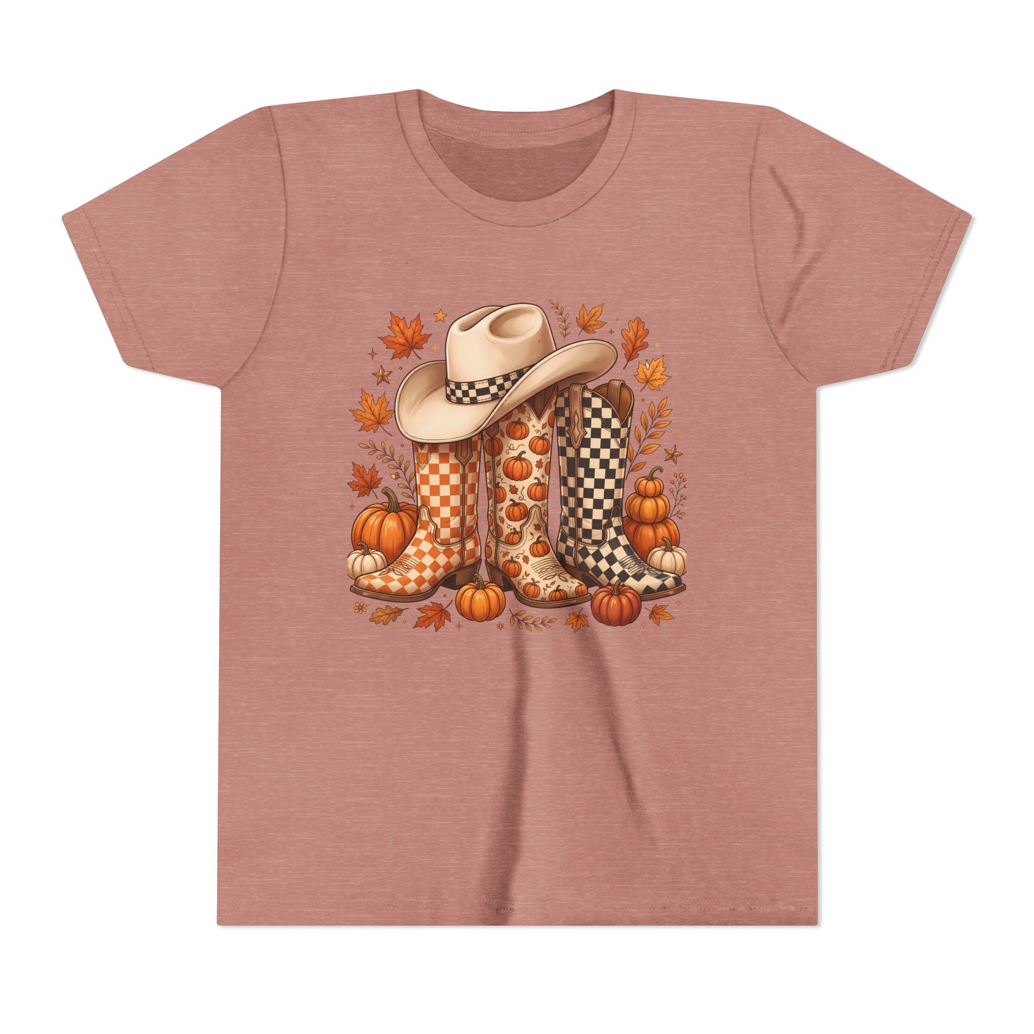 Youth T-Shirt — Fall Cowboy Boots & Pumpkins Autumn Graphic Tee
