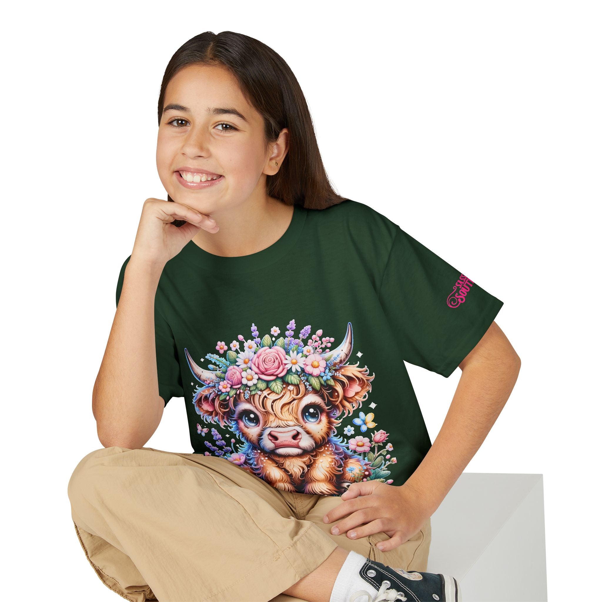 Cute Highland Calf Floral Youth T-Shirt