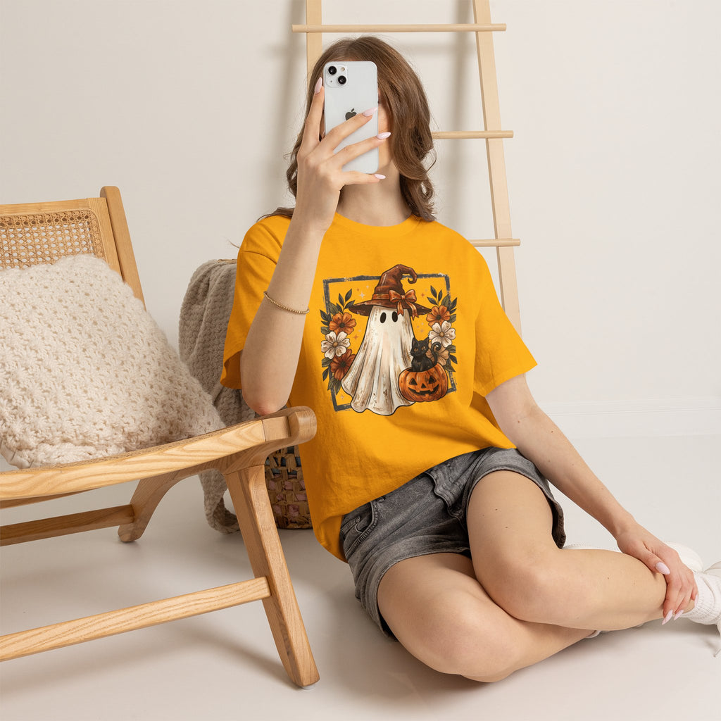 Halloween Ghost Tee — Cute Ghost in Witch Hat with Pumpkin & Flowers