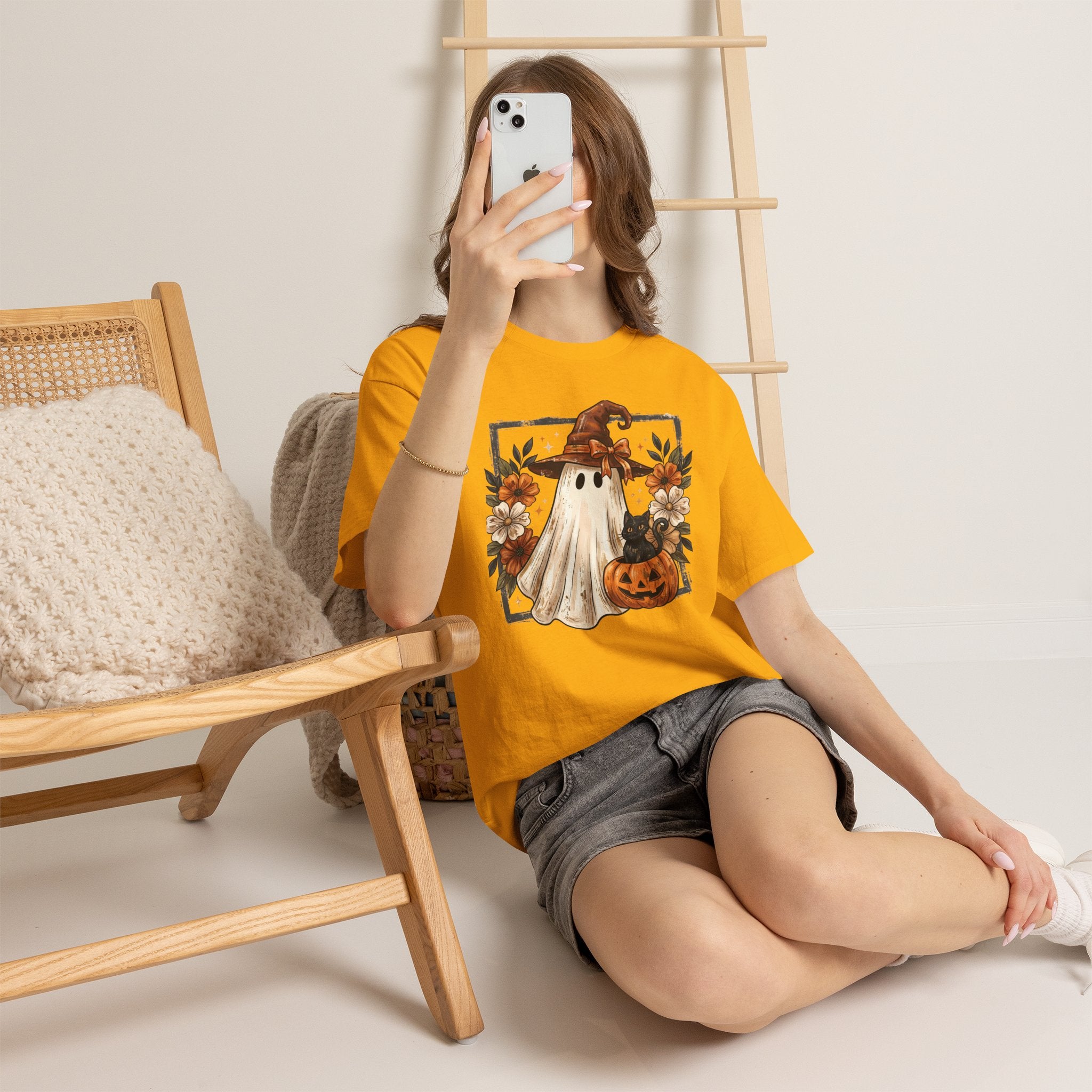 Halloween Ghost Tee — Cute Ghost in Witch Hat with Pumpkin & Flowers