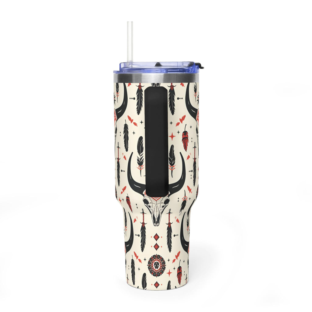 40oz Western Skull Tumbler — Boho Cow Skull & Feathers Vacuum Travel Mug
