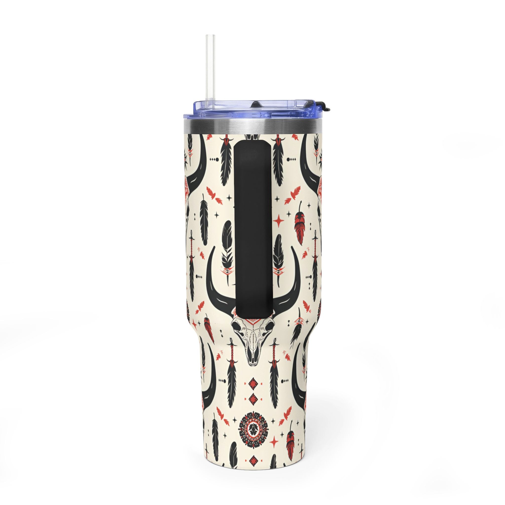 40oz Western Skull Tumbler — Boho Cow Skull & Feathers Vacuum Travel Mug