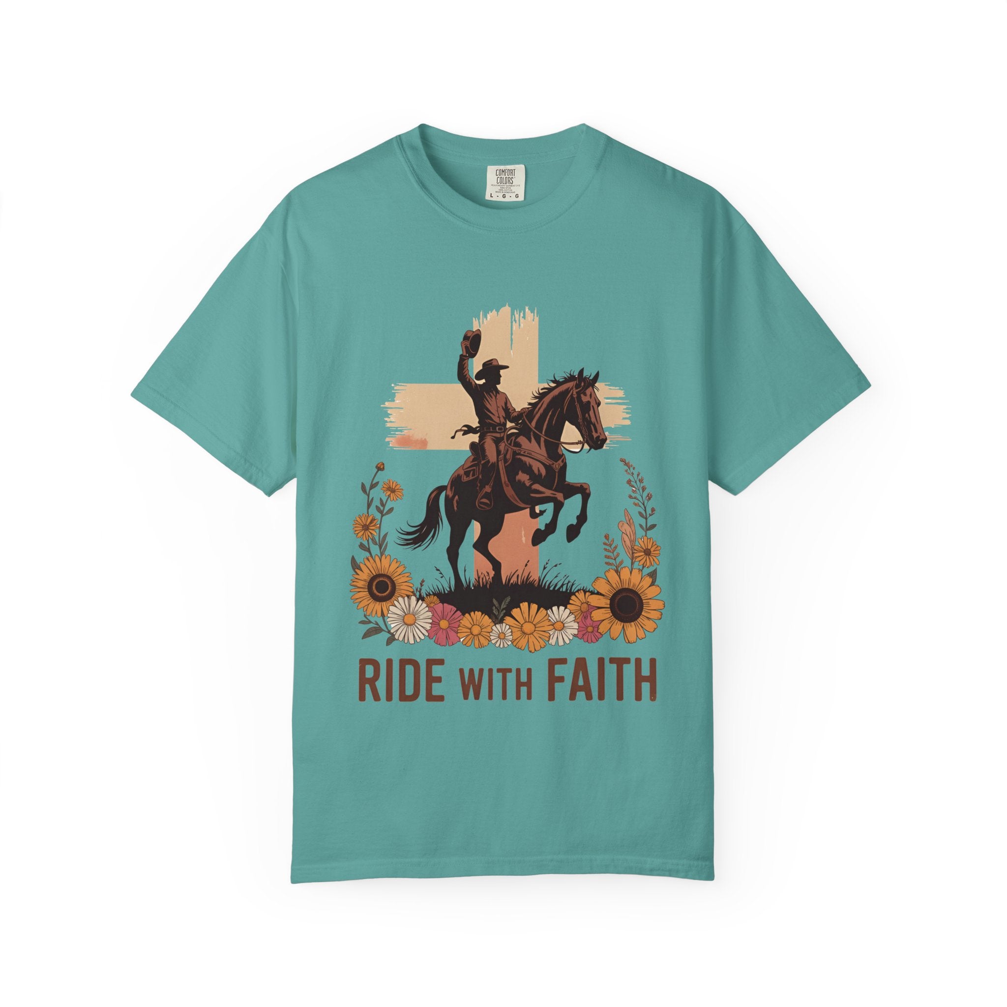 Ride With Faith Cowboy T-Shirt – Western Horse Graphic with Sunflowers