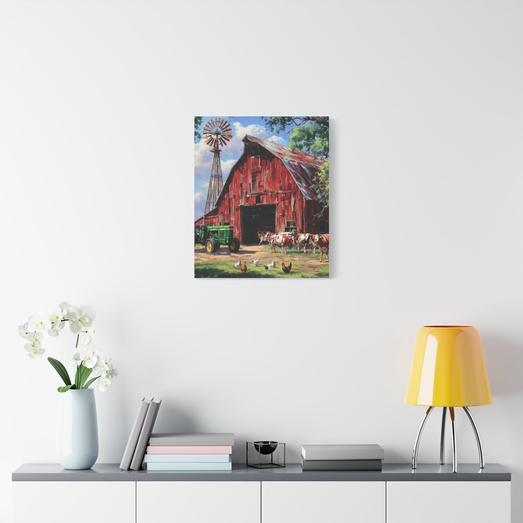 Rustic Red Barn Farm Canvas Print — Country Tractor & Animals Wall Art