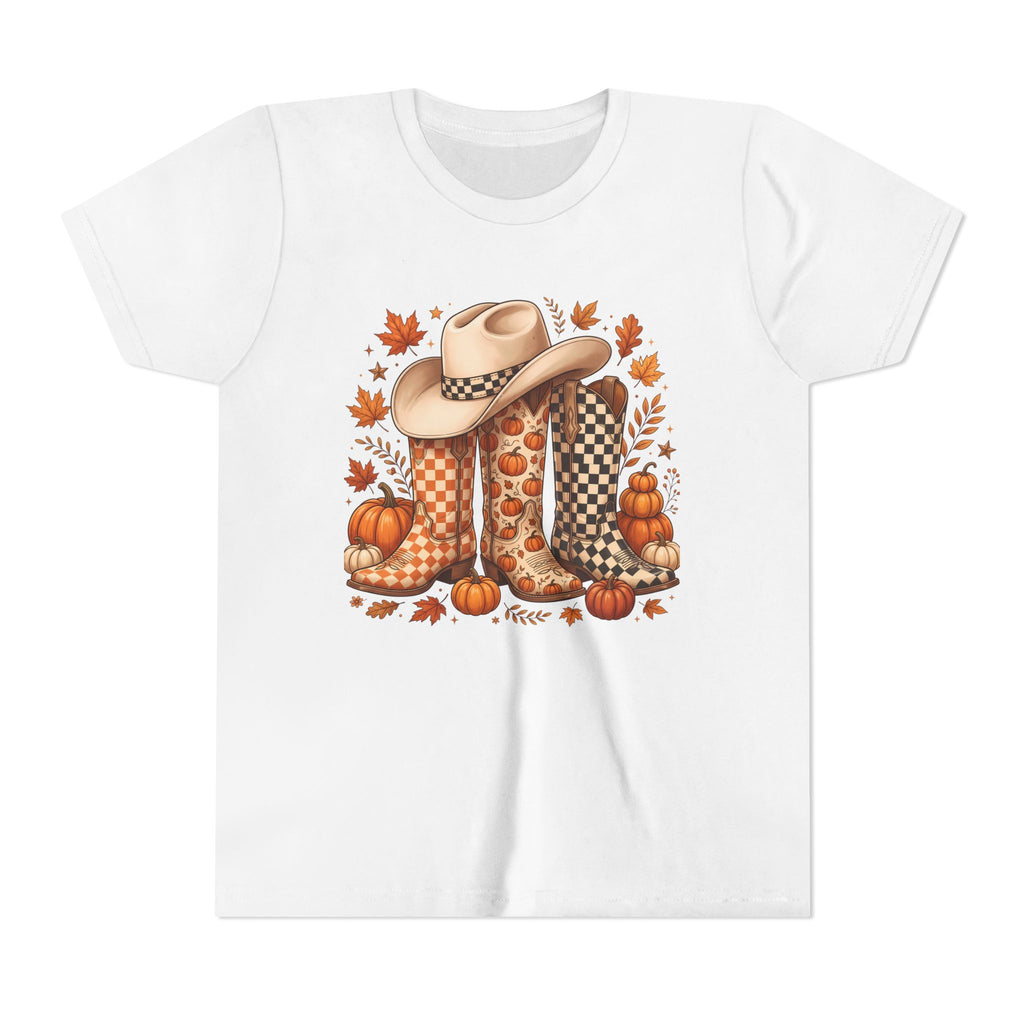 Youth T-Shirt — Fall Cowboy Boots & Pumpkins Autumn Graphic Tee