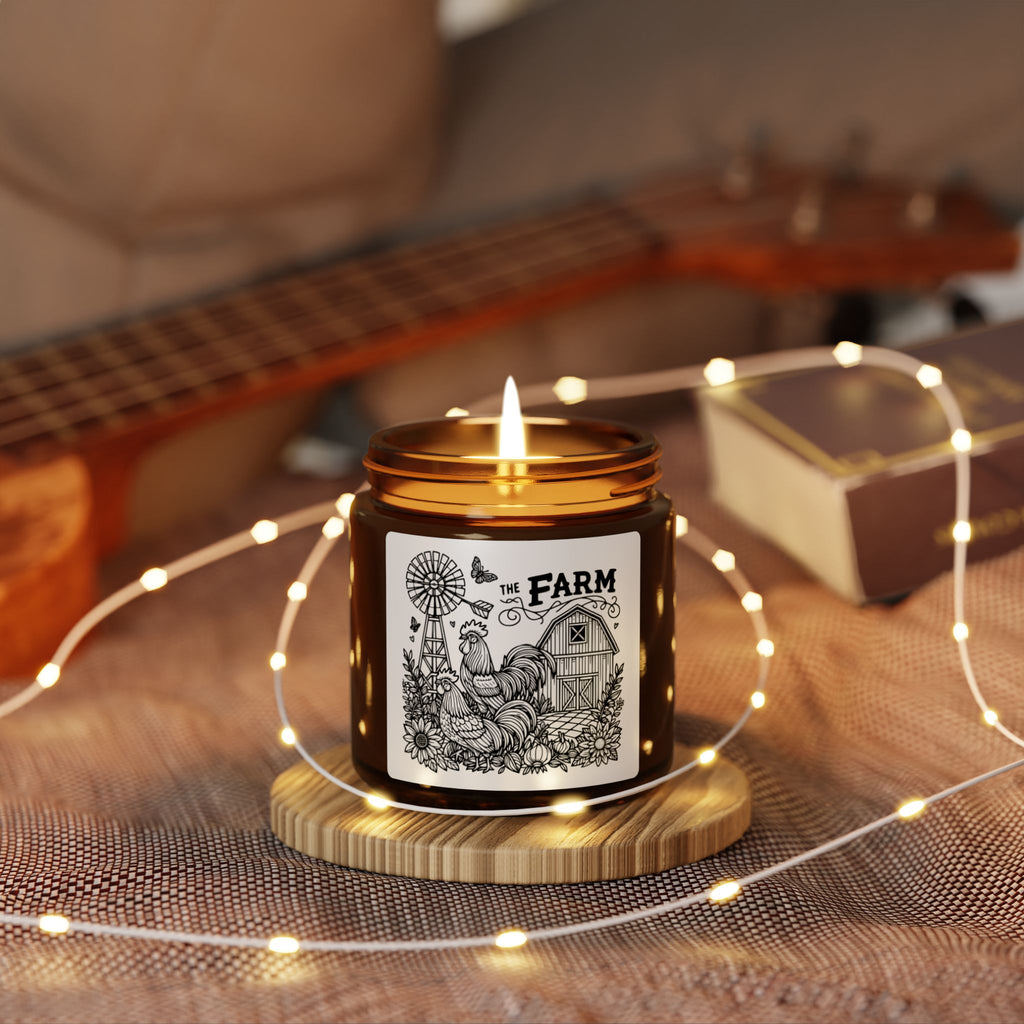 Farmhouse Soy Candle — Amber Jar Scented Candle with 'The Farm' Vintage Barn Label
