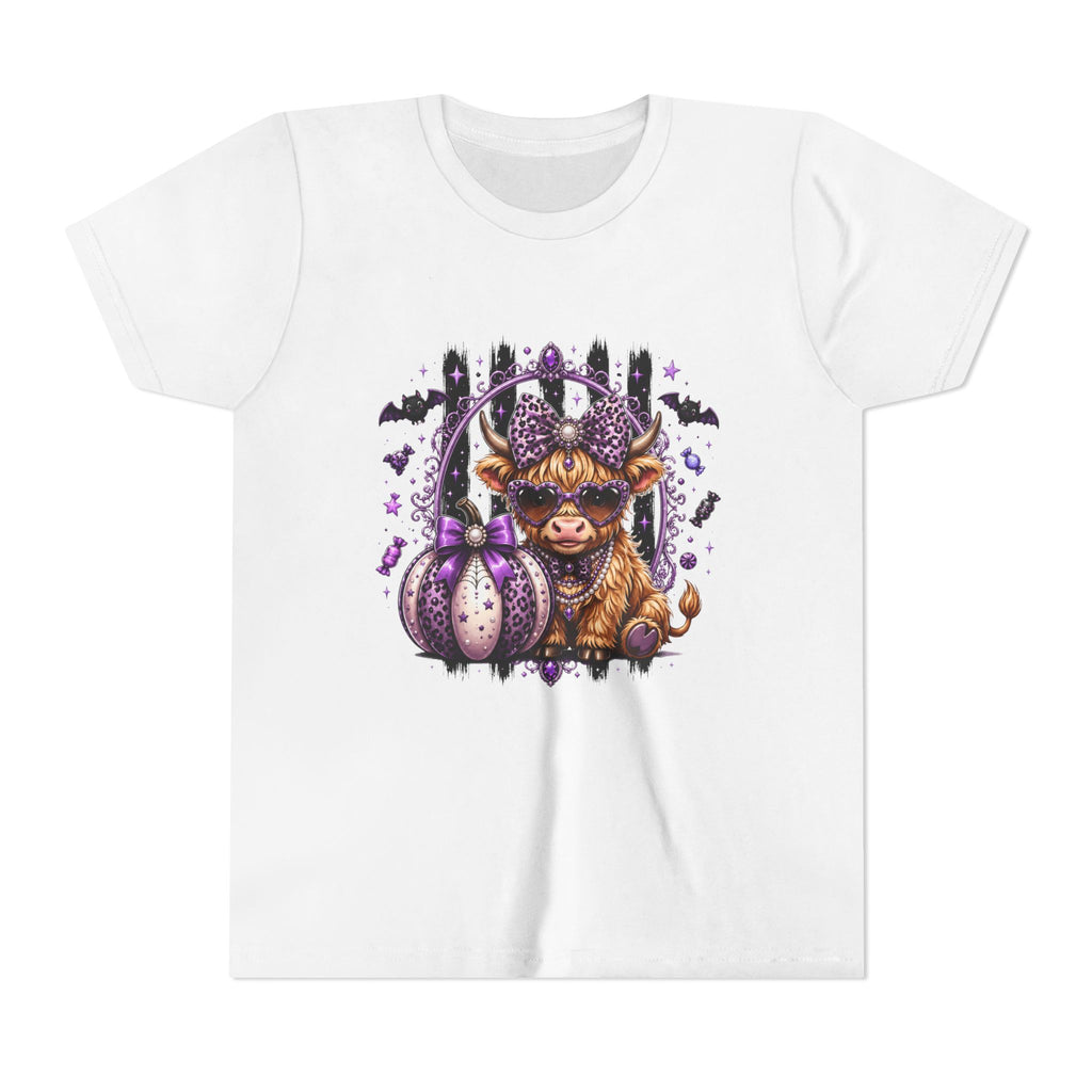 Halloween Highland Cow Youth Tee — Cute Spooky Cow with Purple Pumpkins