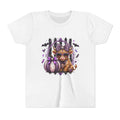 Halloween Highland Cow Youth Tee — Cute Spooky Cow with Purple Pumpkins