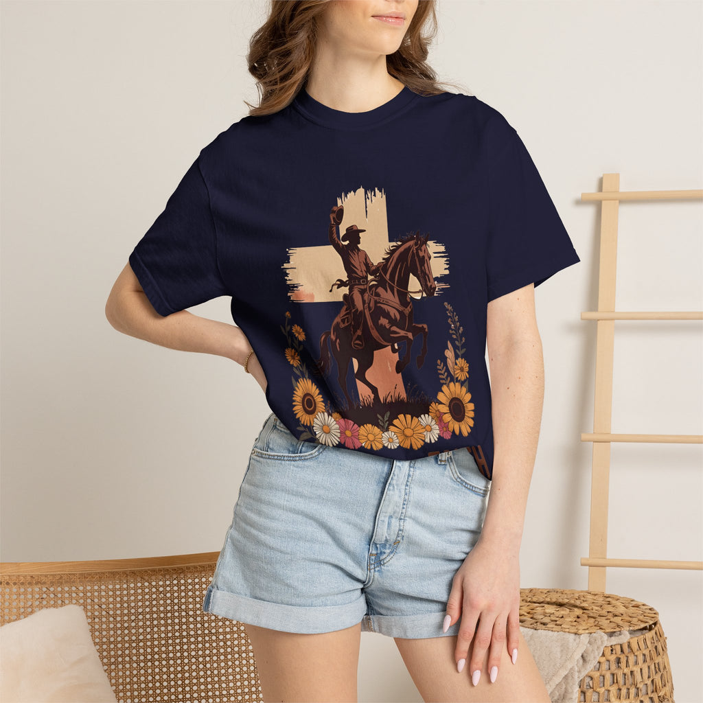 Ride With Faith Cowboy T-Shirt – Western Horse Graphic with Sunflowers