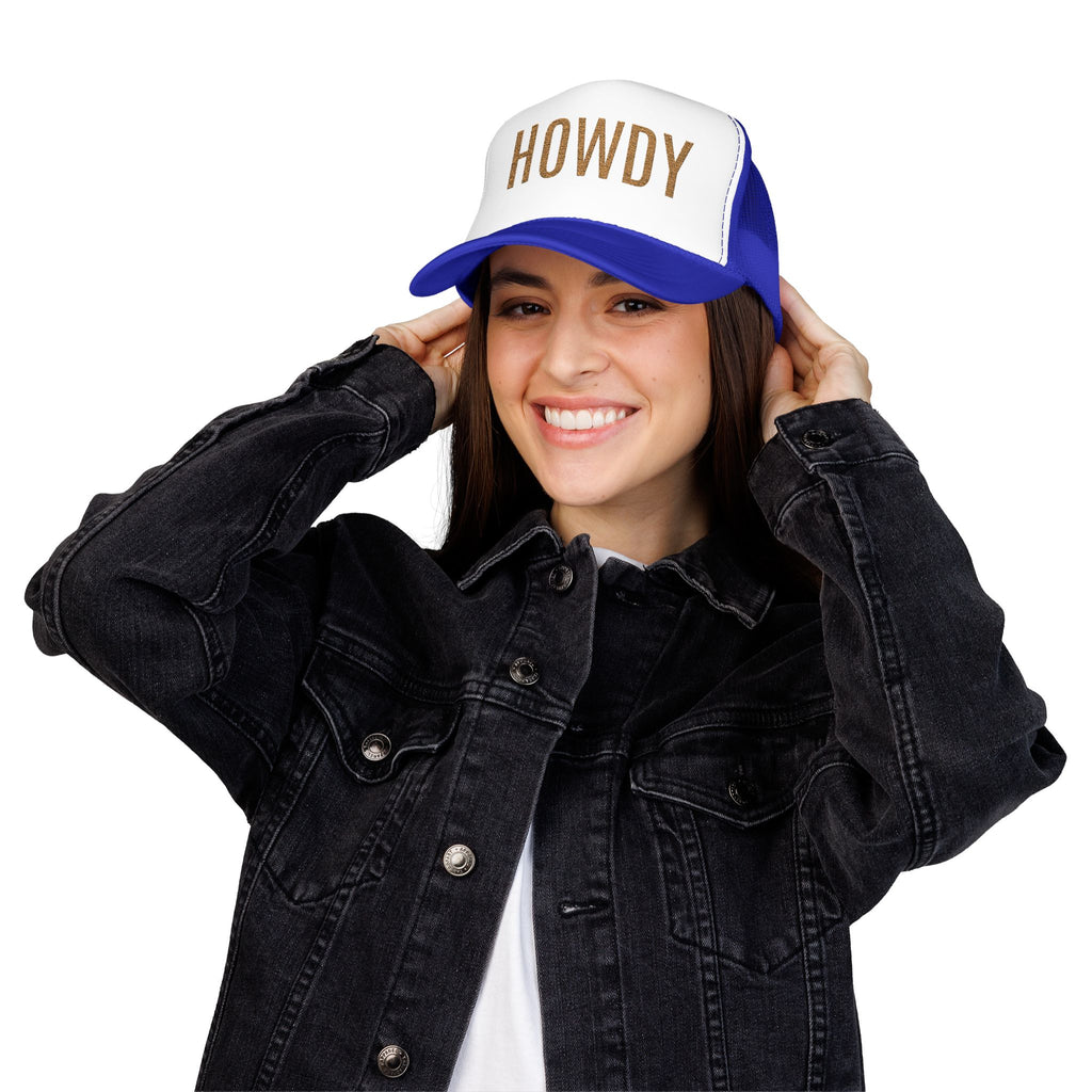 Howdy Trucker Hat — Glitter Letter Foam Mesh Cap