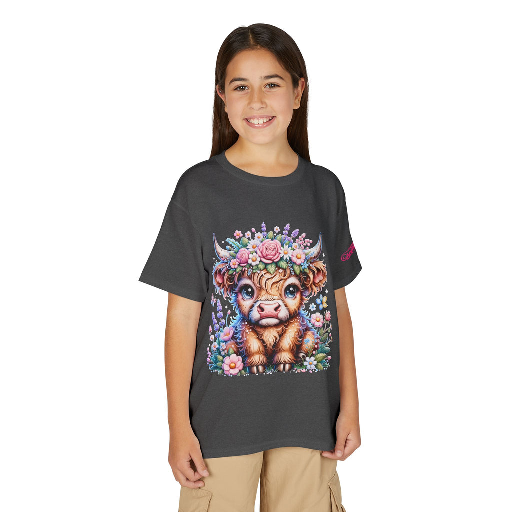 Cute Highland Calf Floral Youth T-Shirt