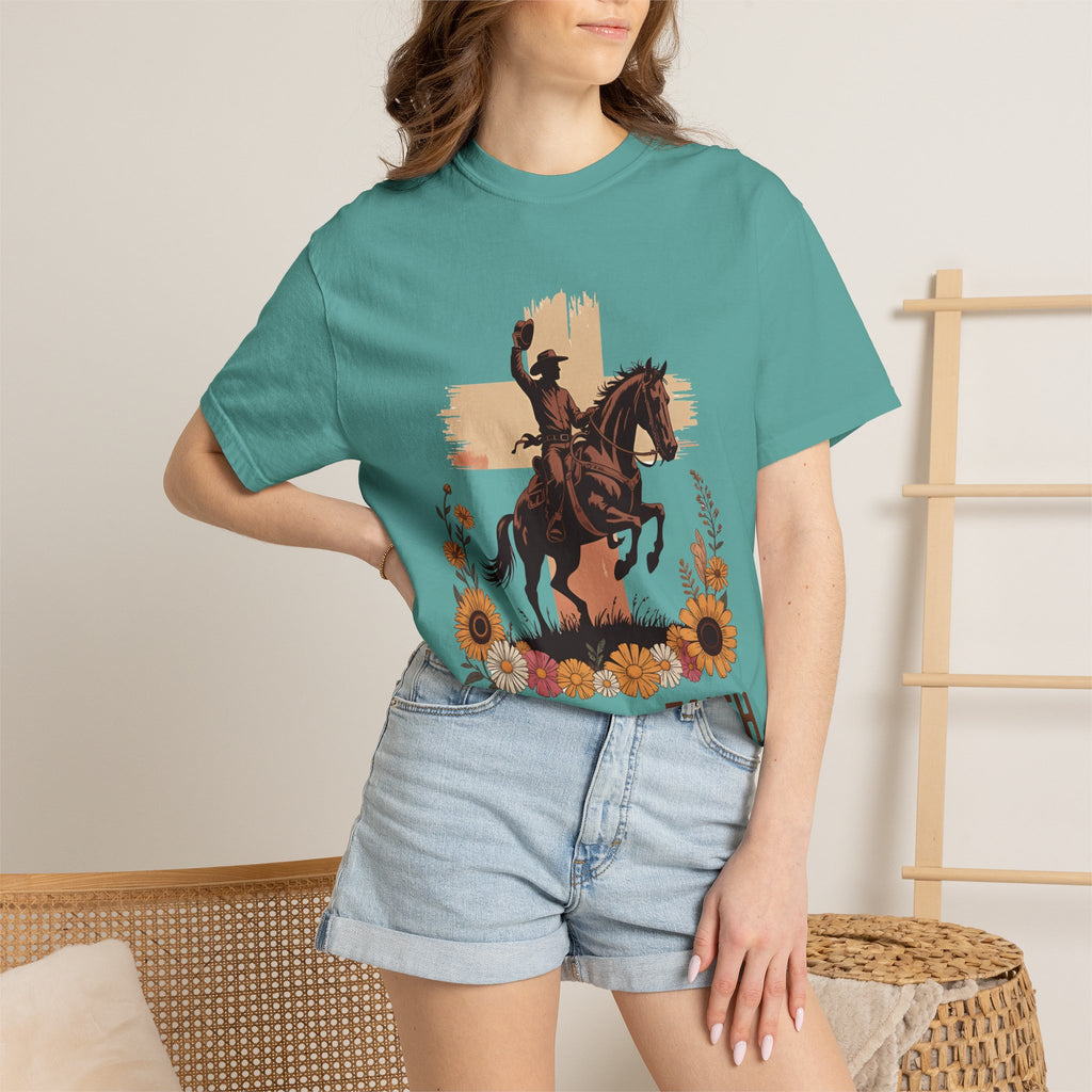 Ride With Faith Cowboy T-Shirt – Western Horse Graphic with Sunflowers