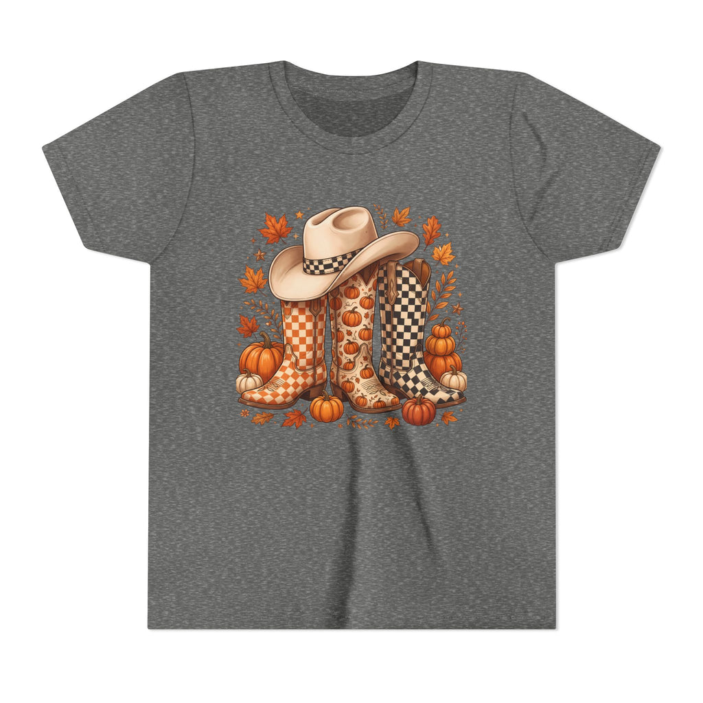 Youth T-Shirt — Fall Cowboy Boots & Pumpkins Autumn Graphic Tee