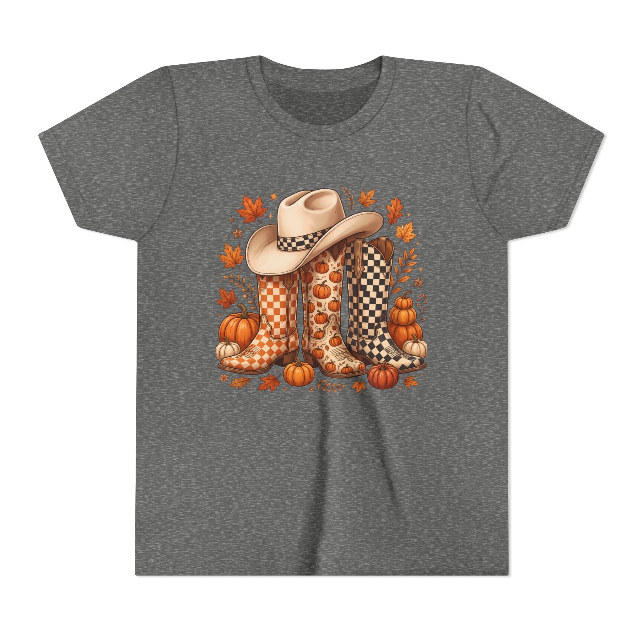 Youth T-Shirt — Fall Cowboy Boots & Pumpkins Autumn Graphic Tee