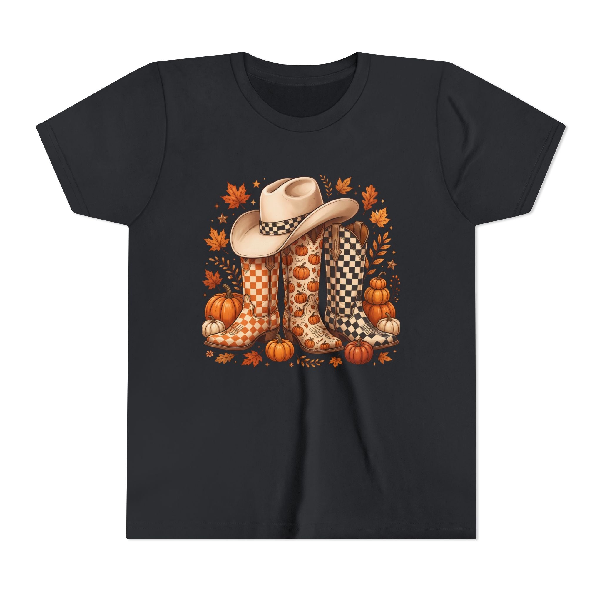 Youth T-Shirt — Fall Cowboy Boots & Pumpkins Autumn Graphic Tee