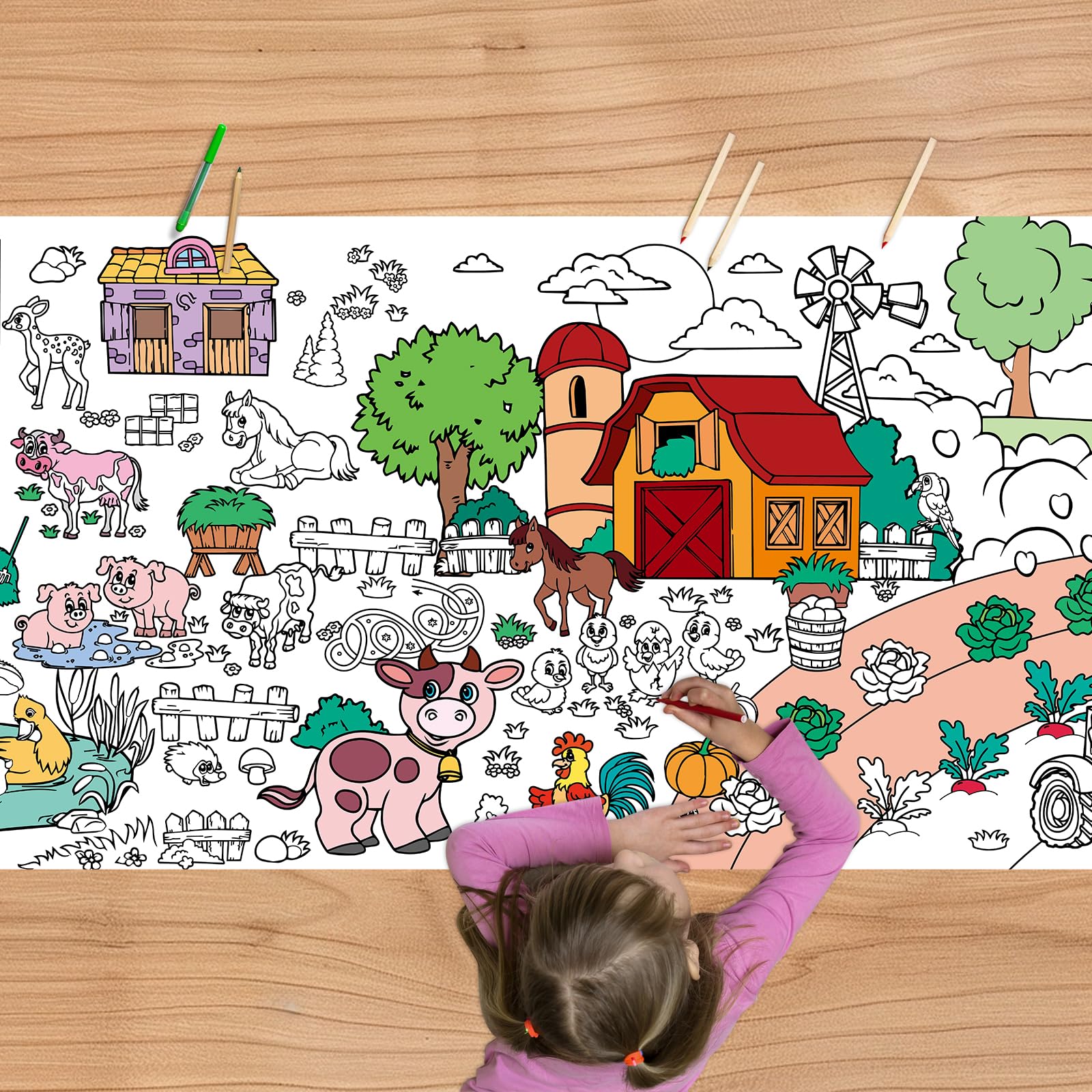 Farm Animal Giant Coloring Poster 30 x 72 Inches Paper Coloring Tablecloth for Kids Farm Party Decorations Large Coloring Activity Poster for Kids Crafts Home School Party Suppiles (Farm Animal)