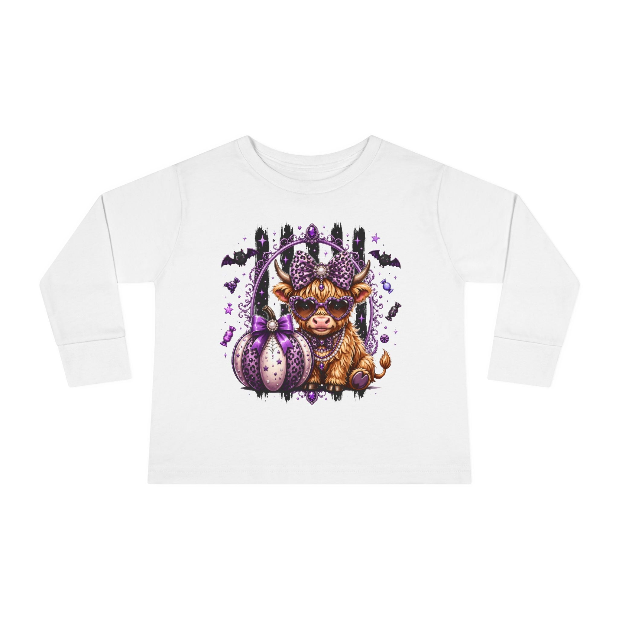 Toddler Long Sleeve Tee — Cute Highland Cow with Purple Pumpkins Halloween Shirt