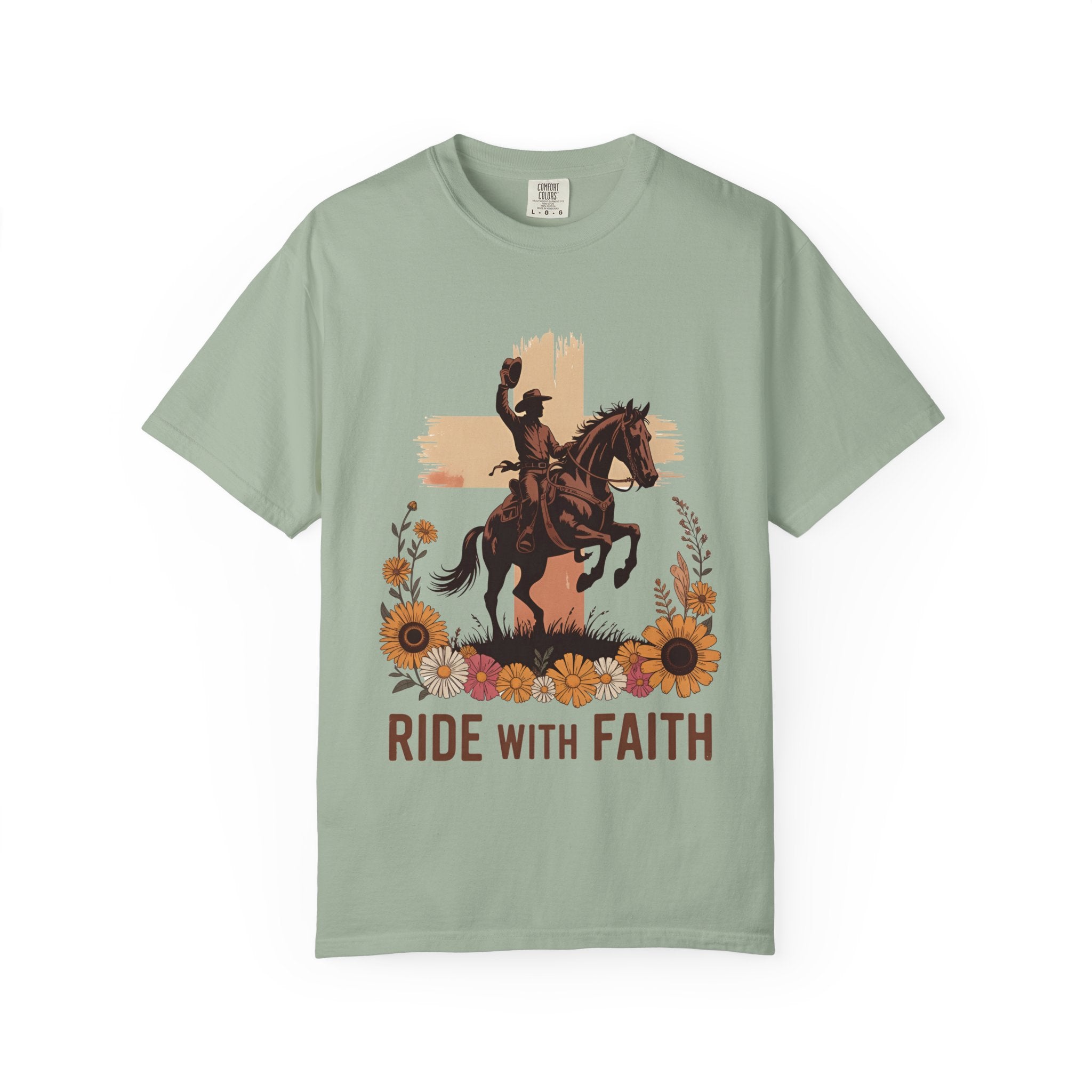 Ride With Faith Cowboy T-Shirt – Western Horse Graphic with Sunflowers