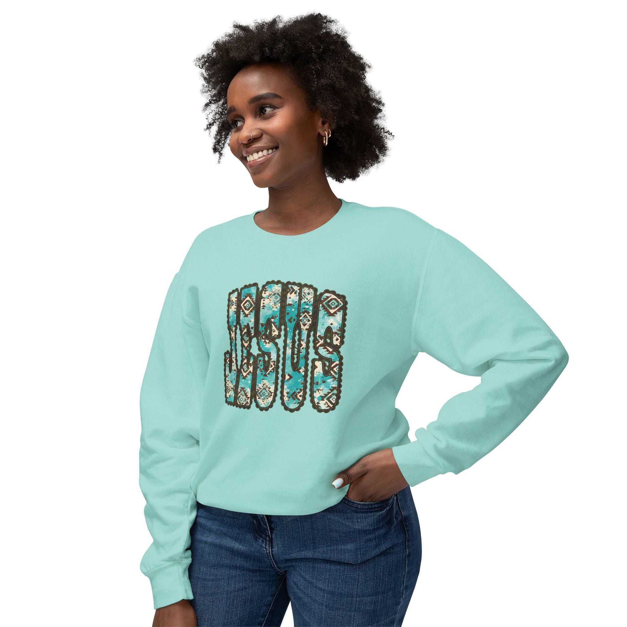 Jesus Floral Crewneck Sweatshirt — Turquoise Boho Faith Pullover