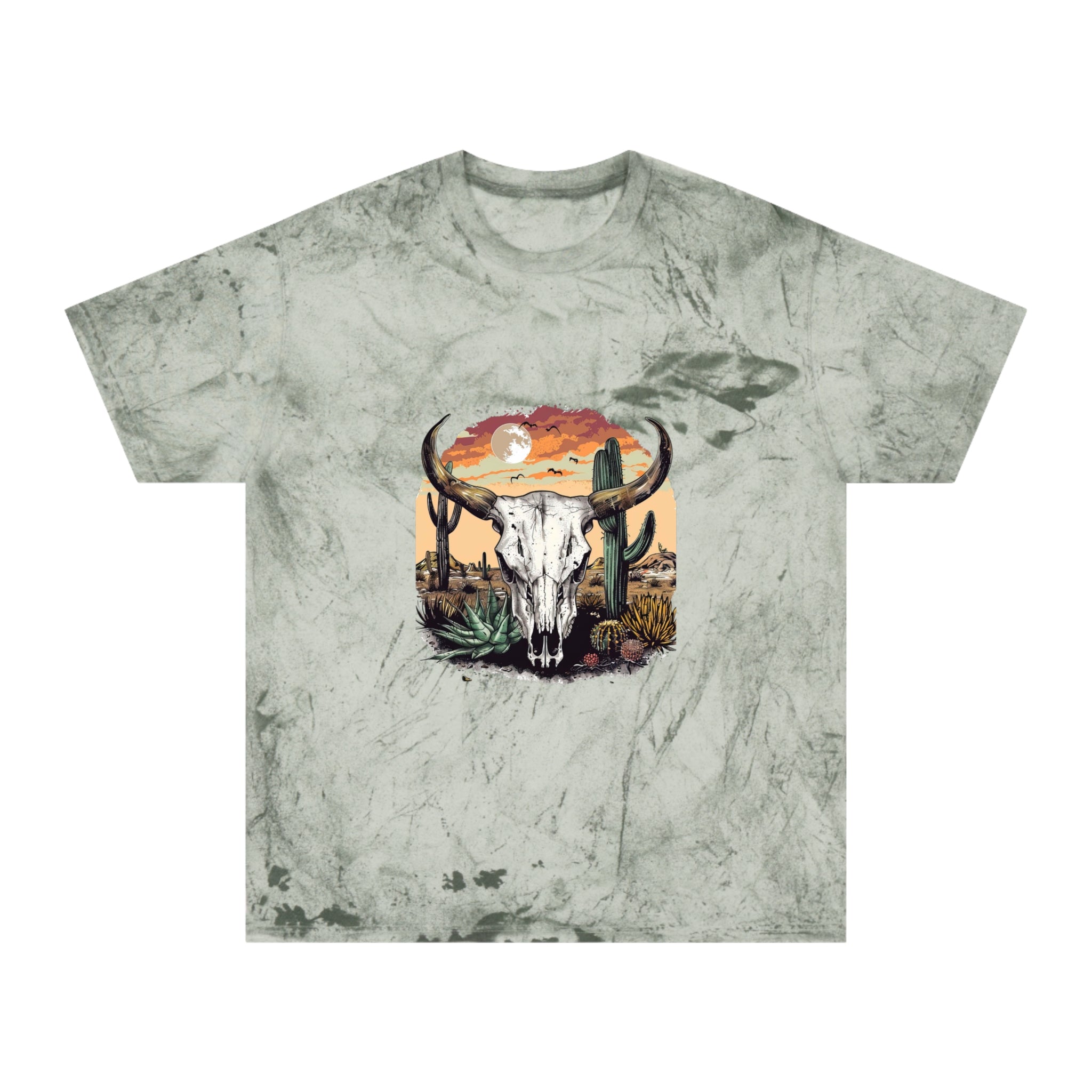 Western Skull Desert T-Shirt — Sunburst Tie-Dye Cactus Graphic