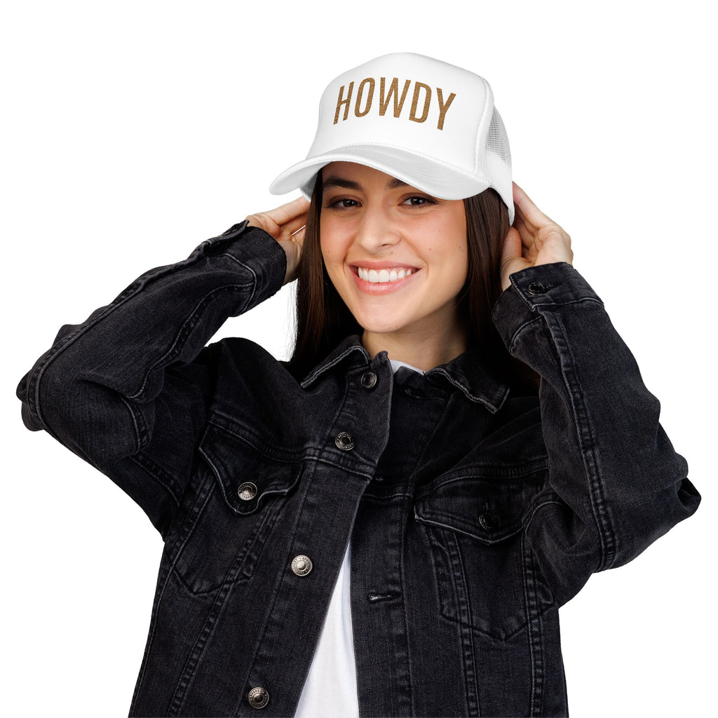 Howdy Trucker Hat — Glitter Letter Foam Mesh Cap