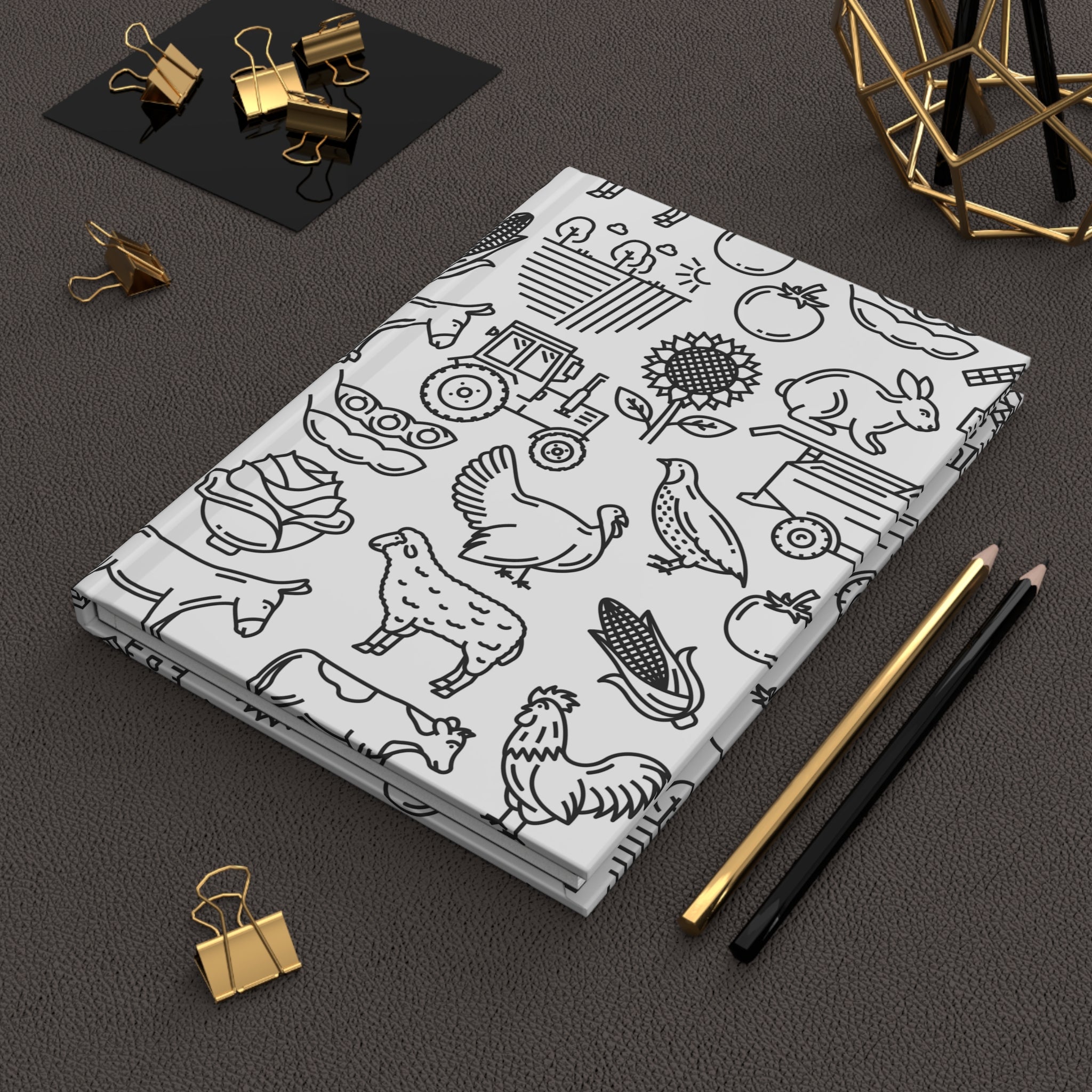 Farm Animals Hardcover Journal — Black & White Country Pattern Notebook