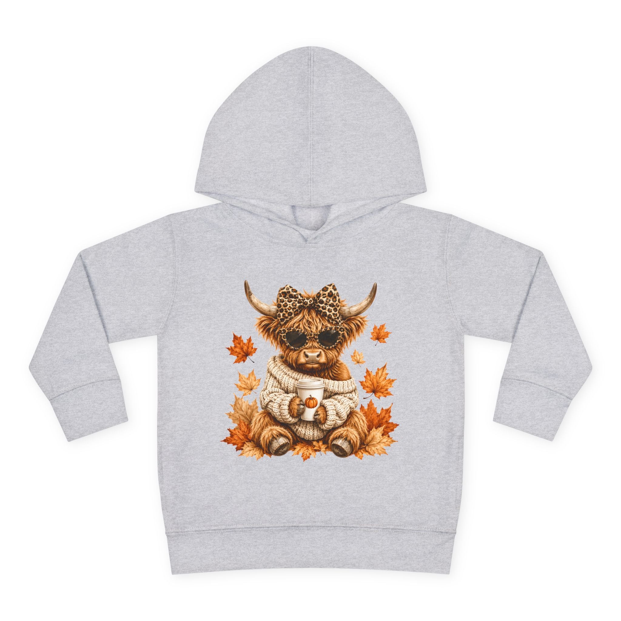 Toddler Hoodie — Autumn Highland Cow in Cozy Sweater (Fall Leaves)
