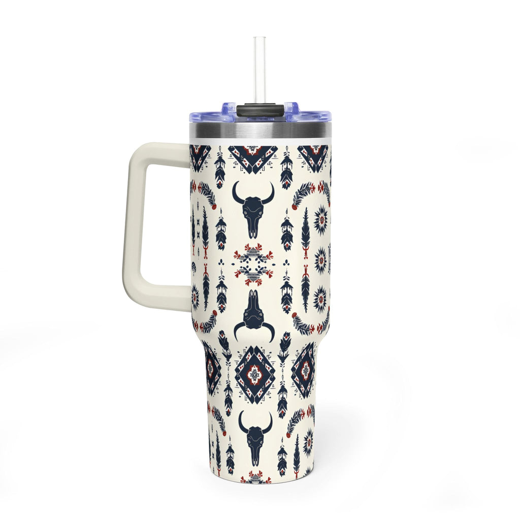 40oz Western Aztec Tumbler - Vacuum Insulated Travel Mug with Bull Skull Pattern