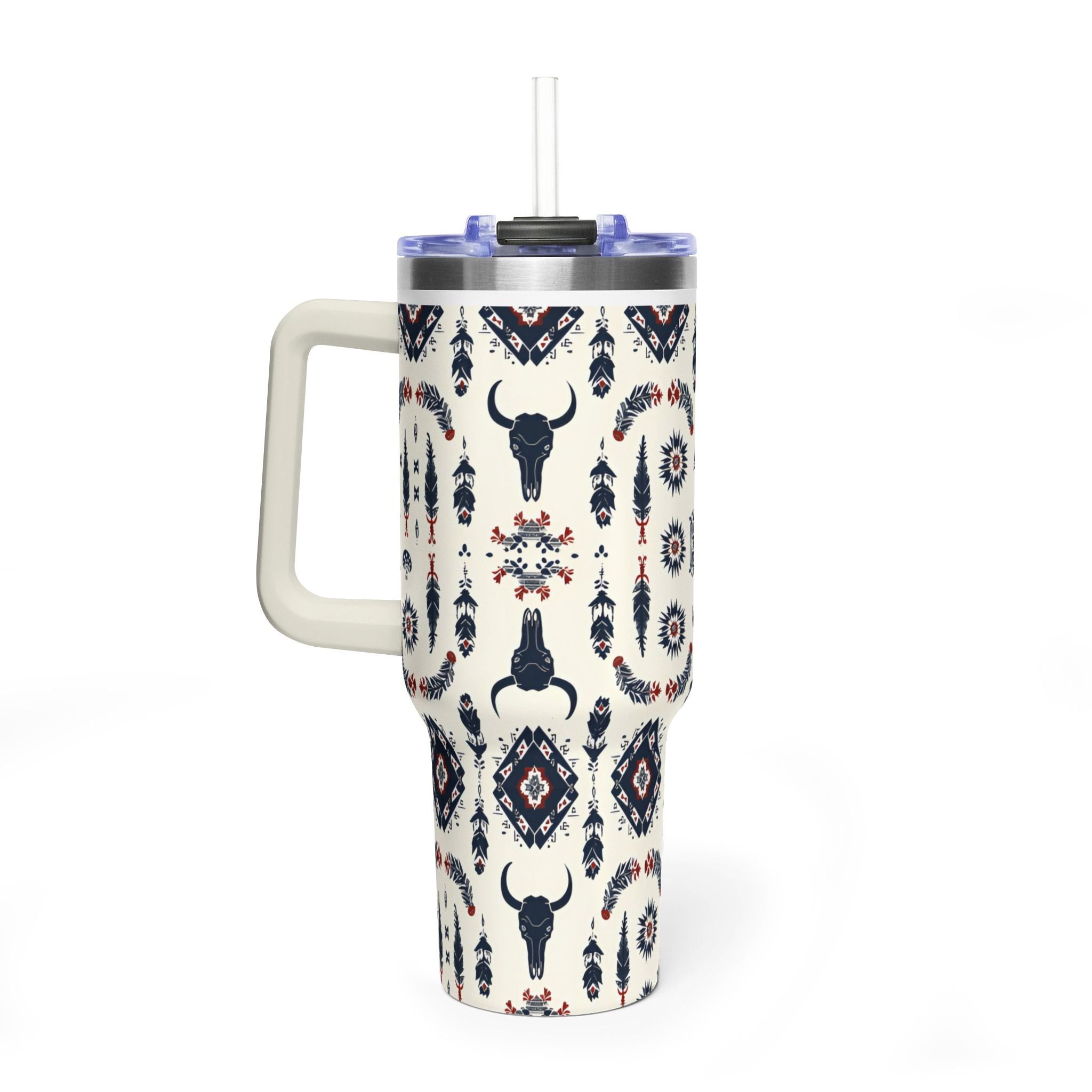 40oz Western Aztec Tumbler - Vacuum Insulated Travel Mug with Bull Skull Pattern