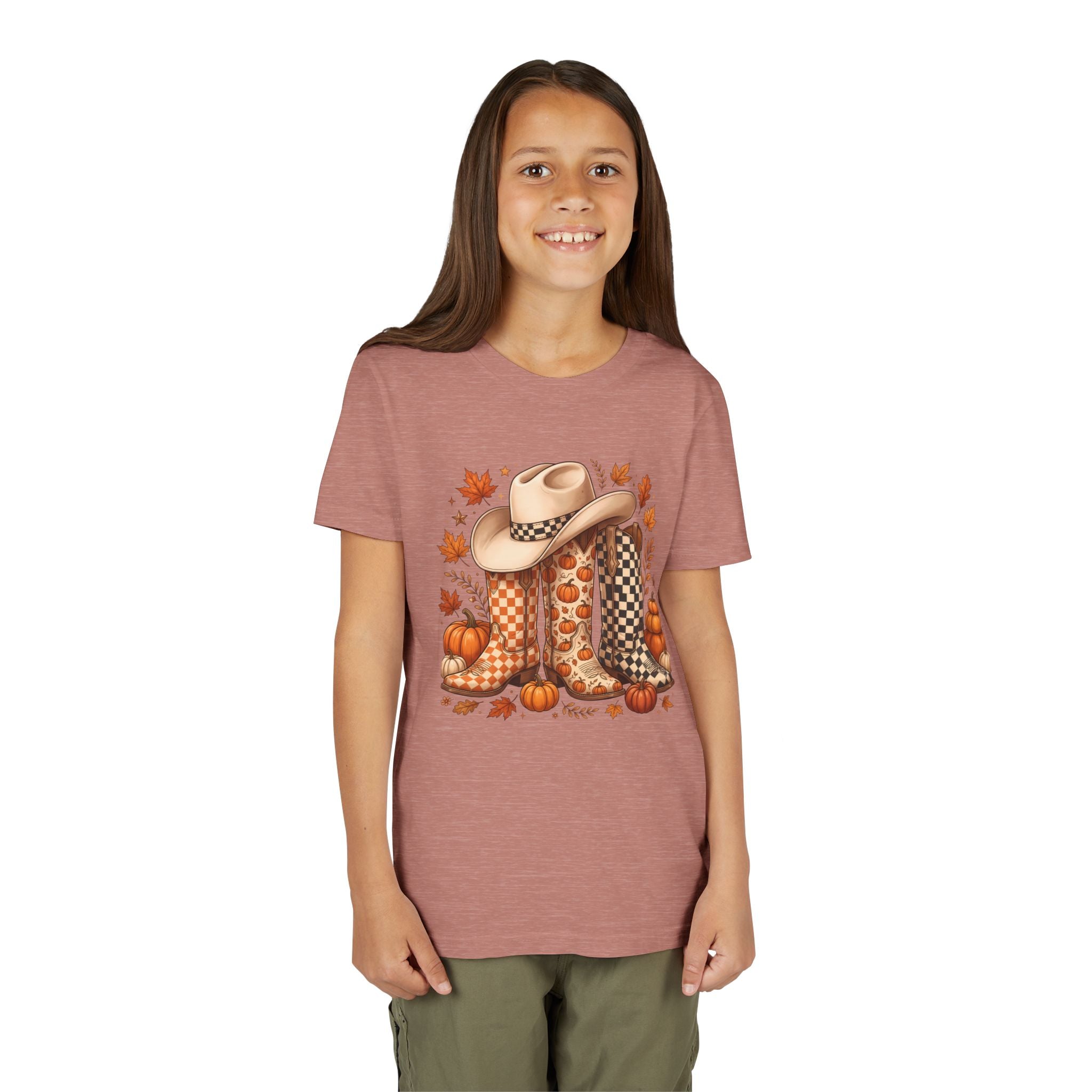 Youth T-Shirt — Fall Cowboy Boots & Pumpkins Autumn Graphic Tee