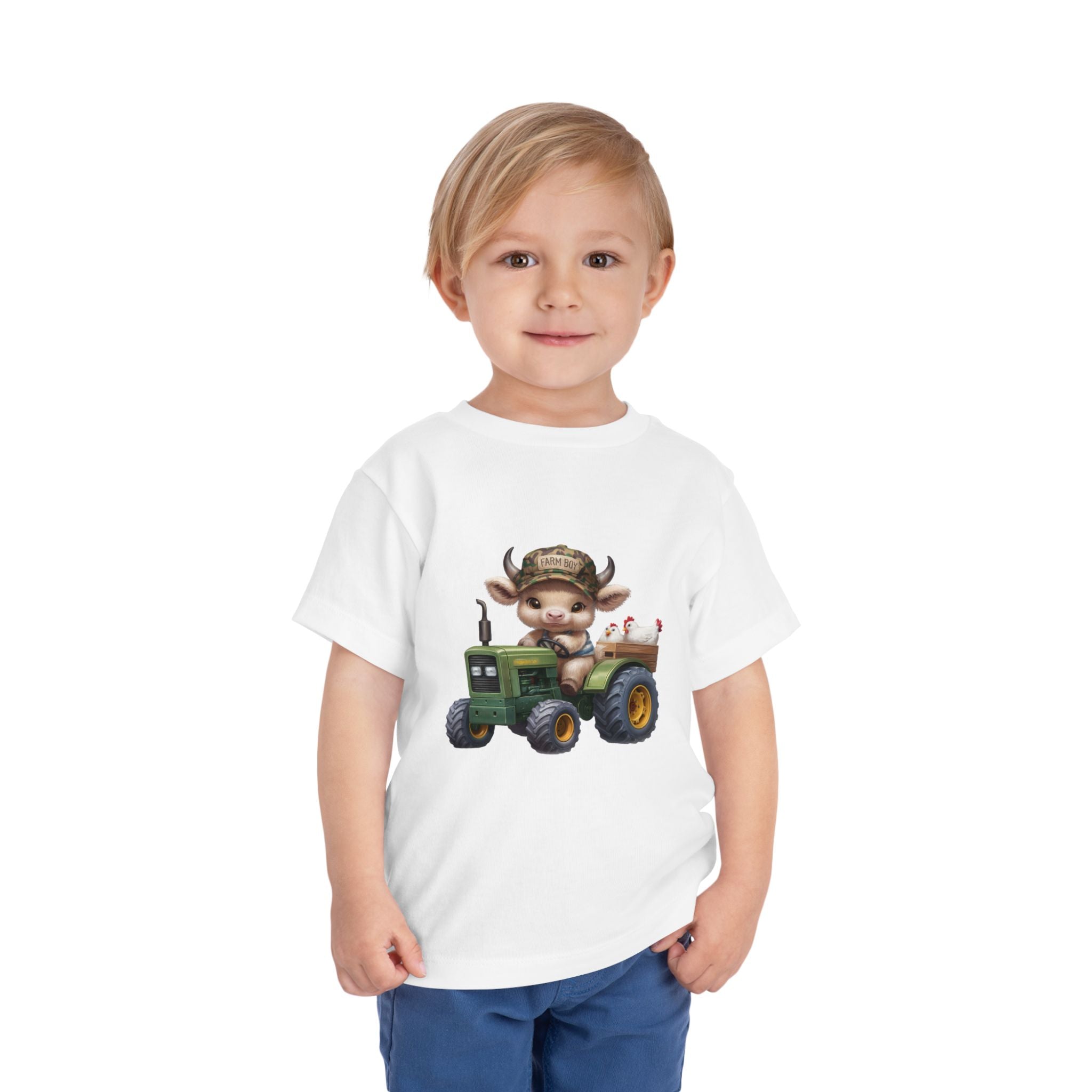 Toddler Tee — Cute Baby Cow on Green Tractor Cute Farm Animal Shirt