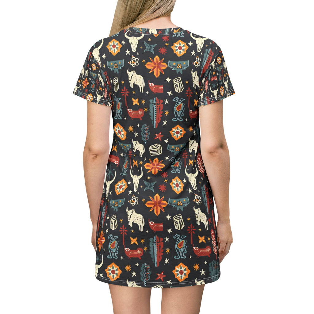 Southwest Boho T-Shirt Dress — All-Over Print Aztec Cow Skull Pattern