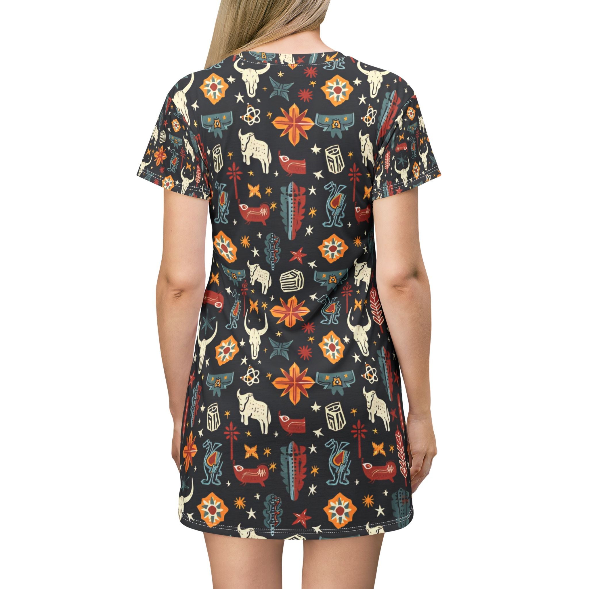 Southwest Boho T-Shirt Dress — All-Over Print Aztec Cow Skull Pattern