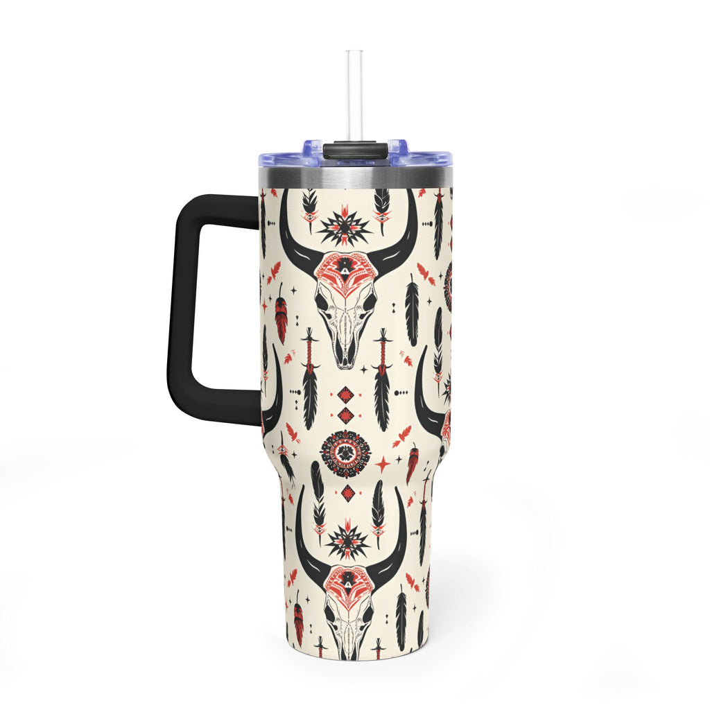 40oz Western Skull Tumbler — Boho Cow Skull & Feathers Vacuum Travel Mug