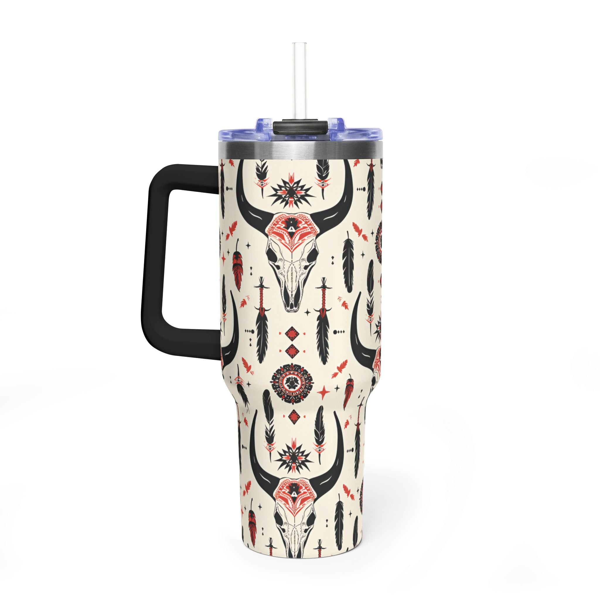 40oz Western Skull Tumbler — Boho Cow Skull & Feathers Vacuum Travel Mug