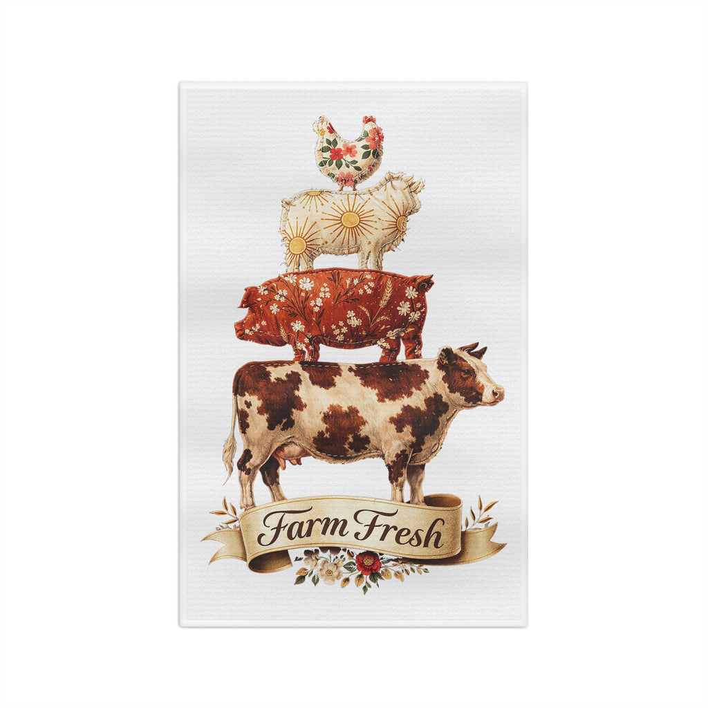 Farm Fresh Stack Tea Towel — Rustic Cow, Pig & Chicken Kitchen Linen