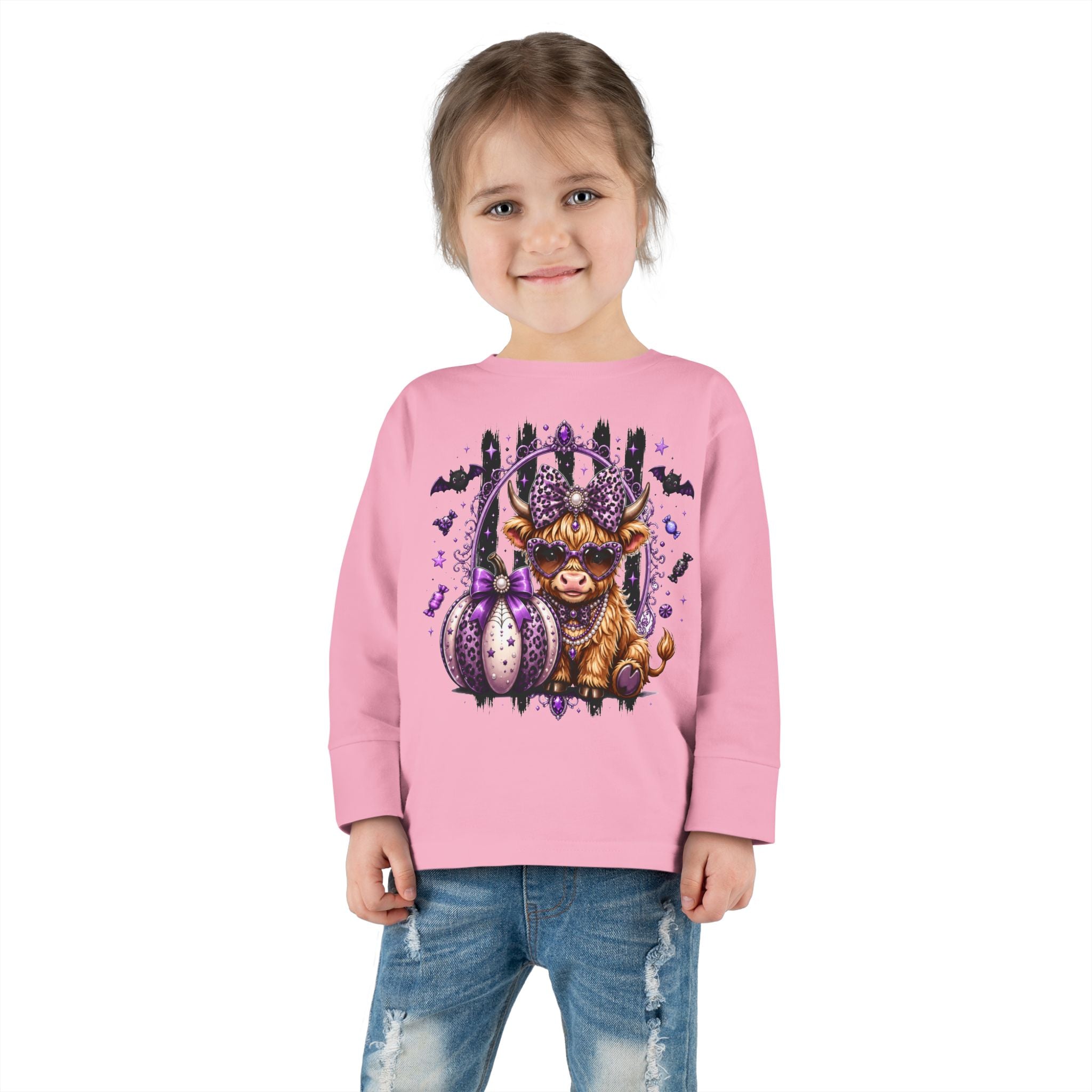Toddler Long Sleeve Tee — Cute Highland Cow with Purple Pumpkins Halloween Shirt