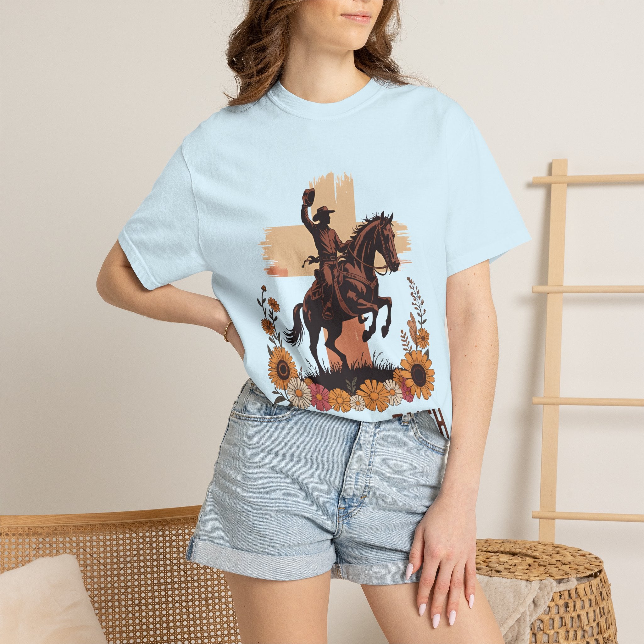 Ride With Faith Cowboy T-Shirt – Western Horse Graphic with Sunflowers