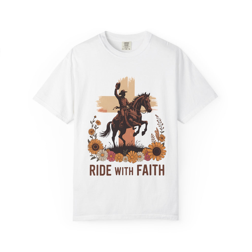 Ride With Faith Cowboy T-Shirt – Western Horse Graphic with Sunflowers