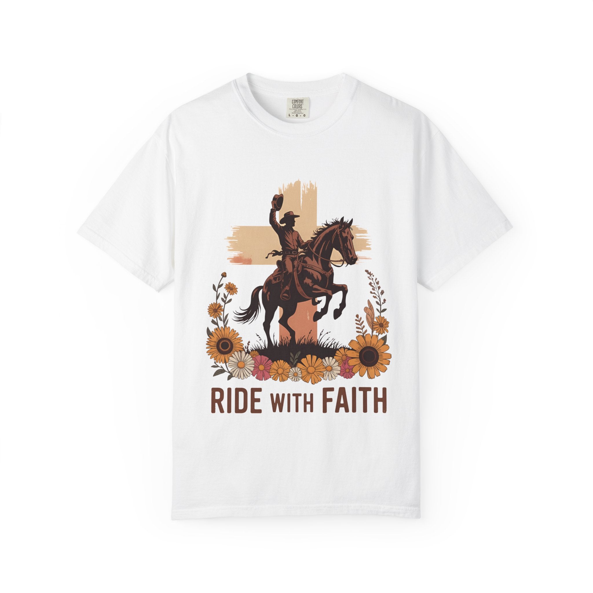 Ride With Faith Cowboy T-Shirt – Western Horse Graphic with Sunflowers
