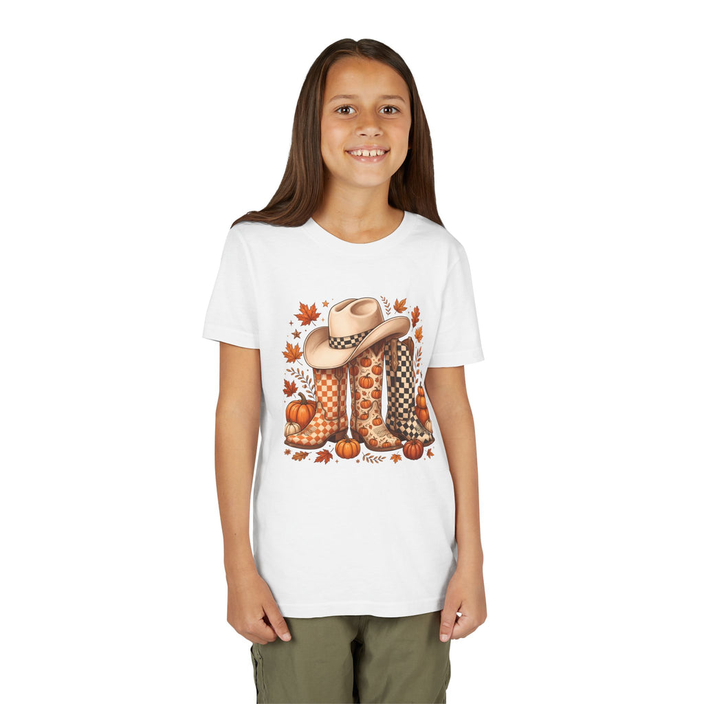 Youth T-Shirt — Fall Cowboy Boots & Pumpkins Autumn Graphic Tee